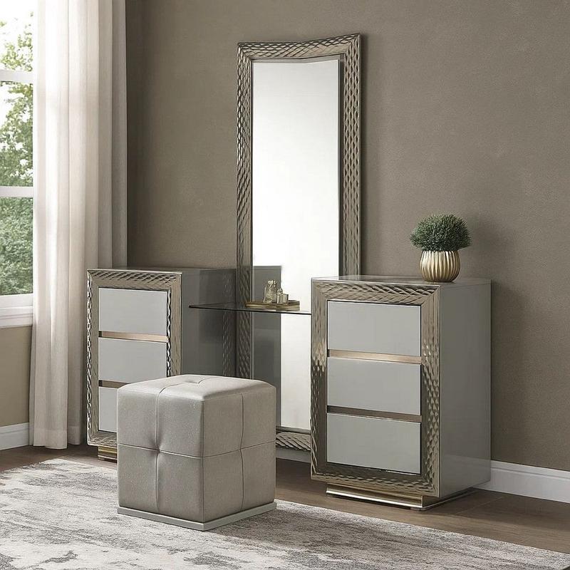 Vino 3pc Vanity Dressing Table Set w Stool | Gray | Satin Fabric | Rubberwood