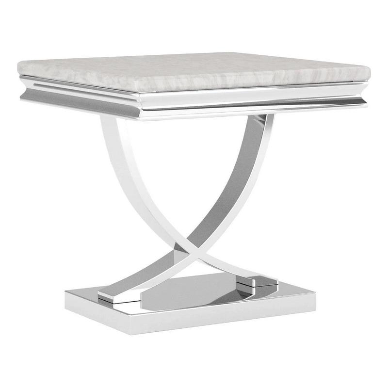 Wety Side End Table | 24\" Faux Marble Top | Curved Chrome Pedestal