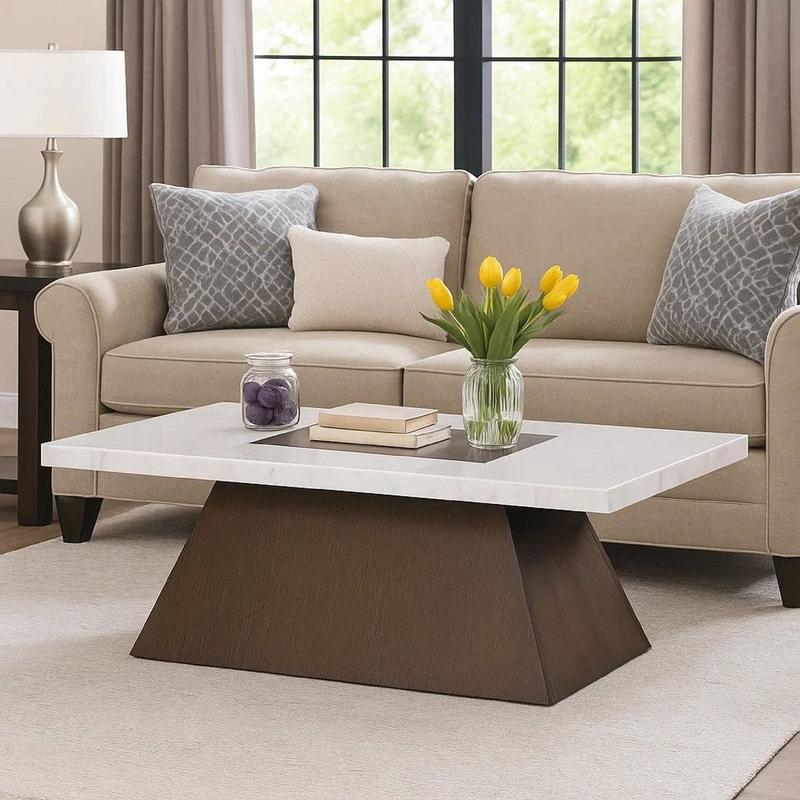 Asten Coffee Table | 48\" White Marble | Walnut Brown Pedestal Base