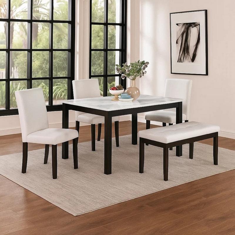 Wesley 5pc Dining Table Set | White Faux-Leather | Faux Marble | Cherry Brown