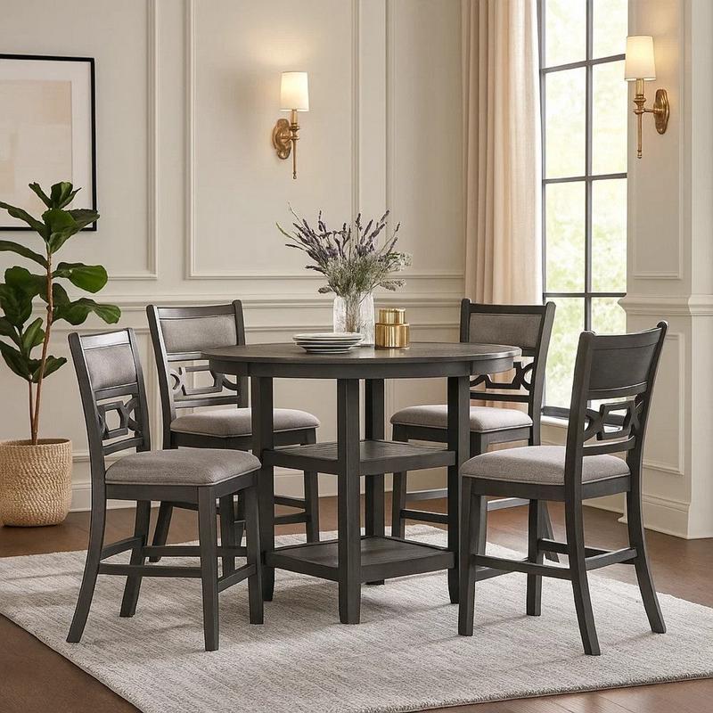 Sienna 5pc Counter-Height Table Set | 4 Chairs | 2 Shelves | Gray Wood