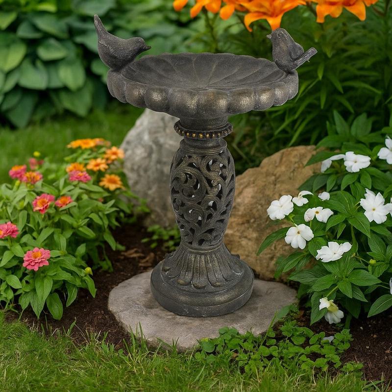 Niam Bird Bath Sculpture | 26\" Dark Gray Resin | Scrolled Details