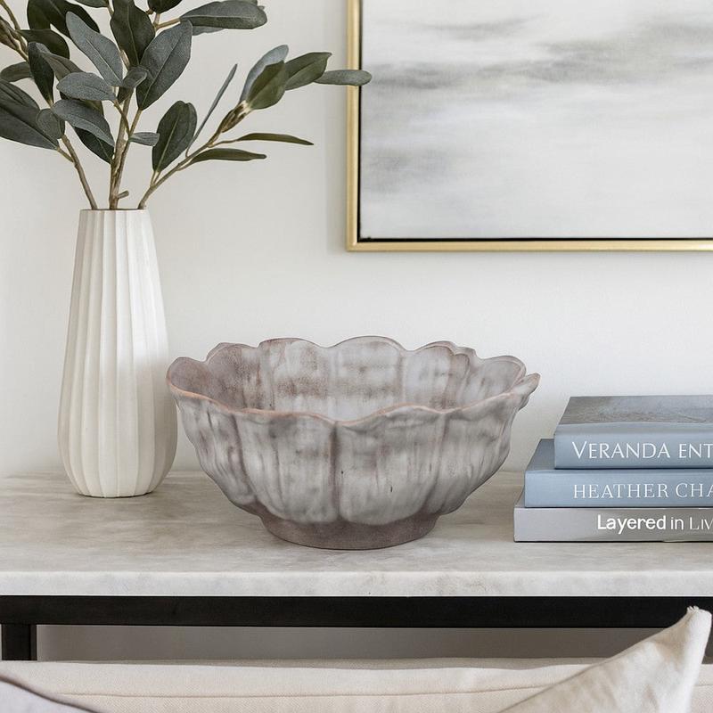 Bobo Decorative Bowl | Floral Design | 17\" White Ceramic