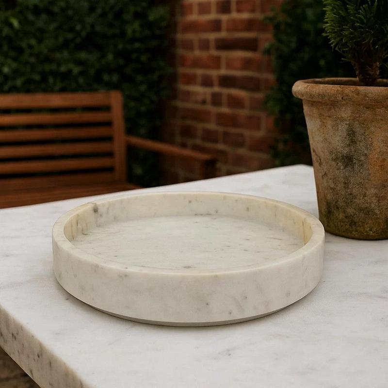 Accent Decorative Bowl | Tray Edge Antique Style White Marble | 13\"