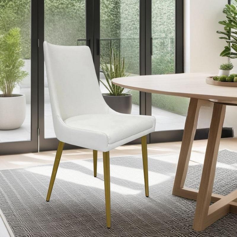 Rusa Dining Chair Set of 2, White Faux Leather Upholstery, Gold Legs