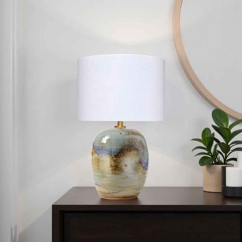 Sivy Accent Table Lamp | Linen | Round Abstract Ceramic Blue 26\"