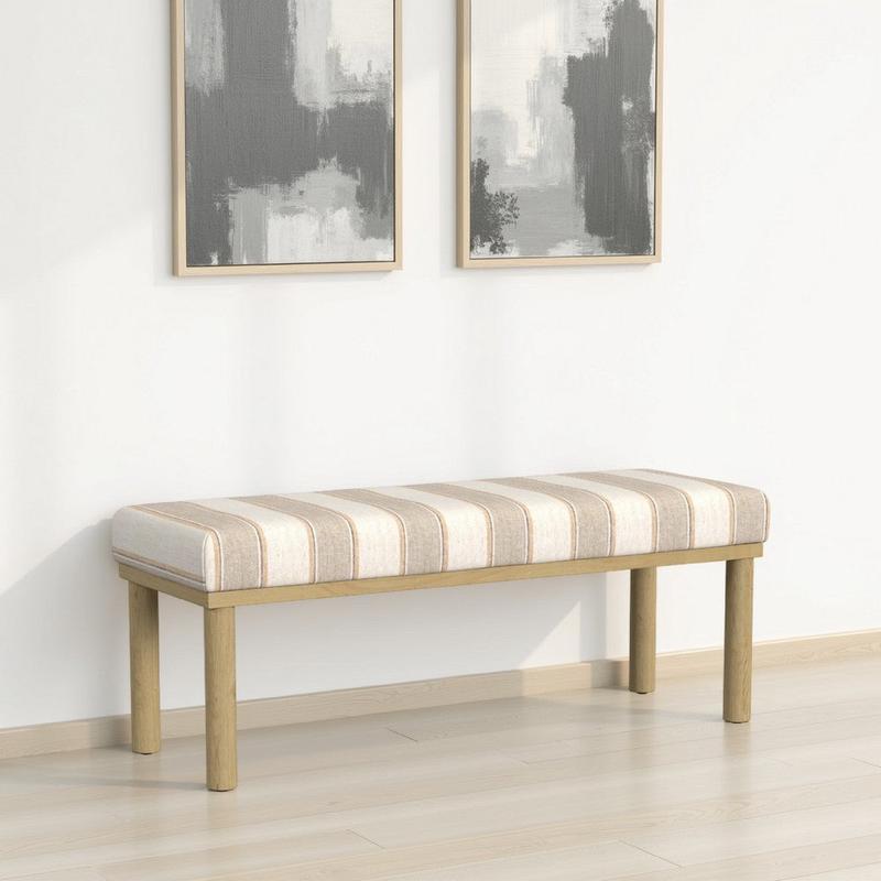 Fin Bench | Natural Brown Wood | Striped Tan Cream Polyester 48\"