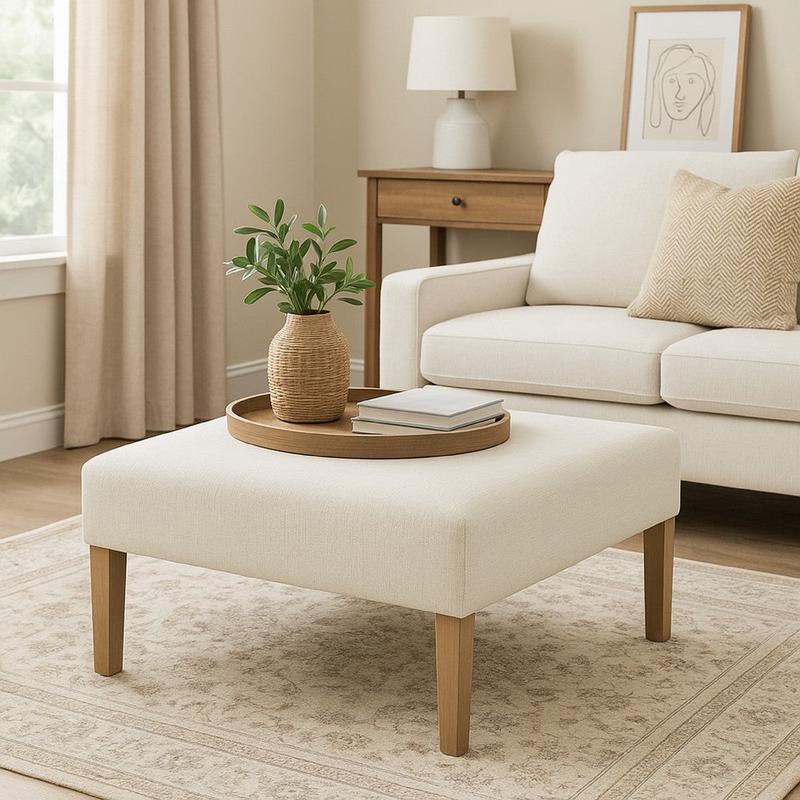 Dan Square Coffee Table Ottoman | Brown Wood | Cream Polyester 36\"