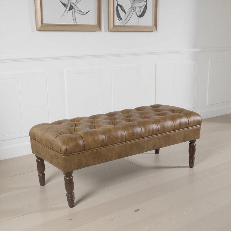 Accent Bench | Solid Wood | Brown Button Tufted Faux Leather 42\"