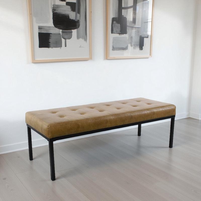 Alp Bench | Black Open Metal Frame | Brown Tufted Faux Leather 54\"