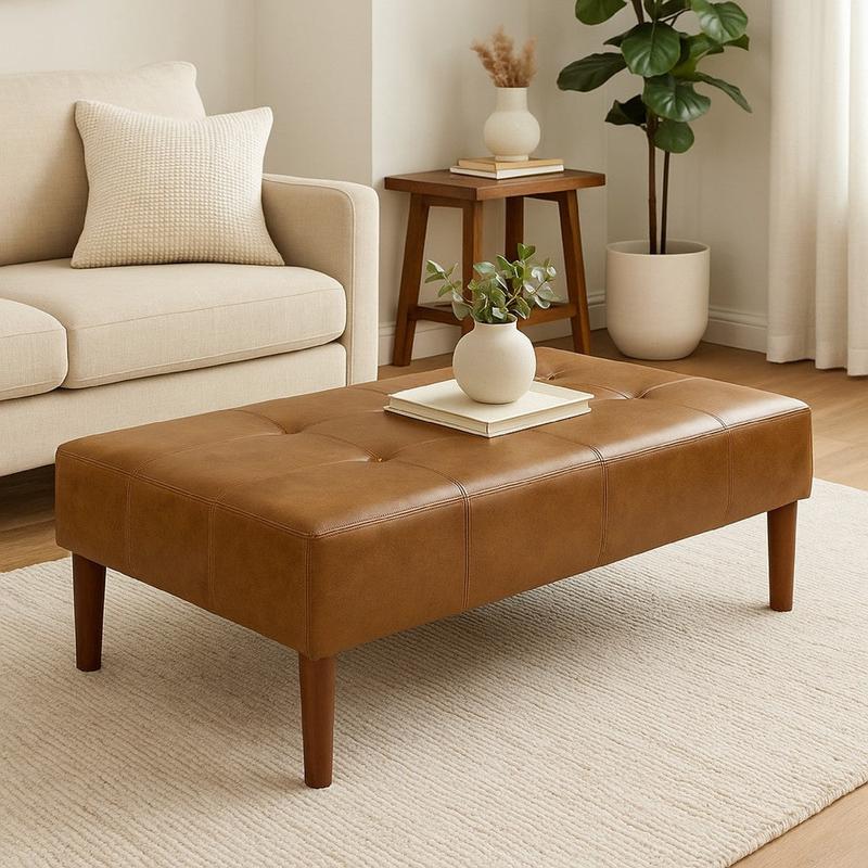 Coffee Table Ottoman | Brown Wood and Tufted Faux Leather | 46\"