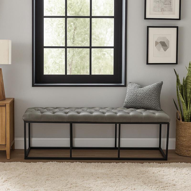Ali Ottoman Bench | Metal Frame | Gray Button Tufted Faux Leather 52\"