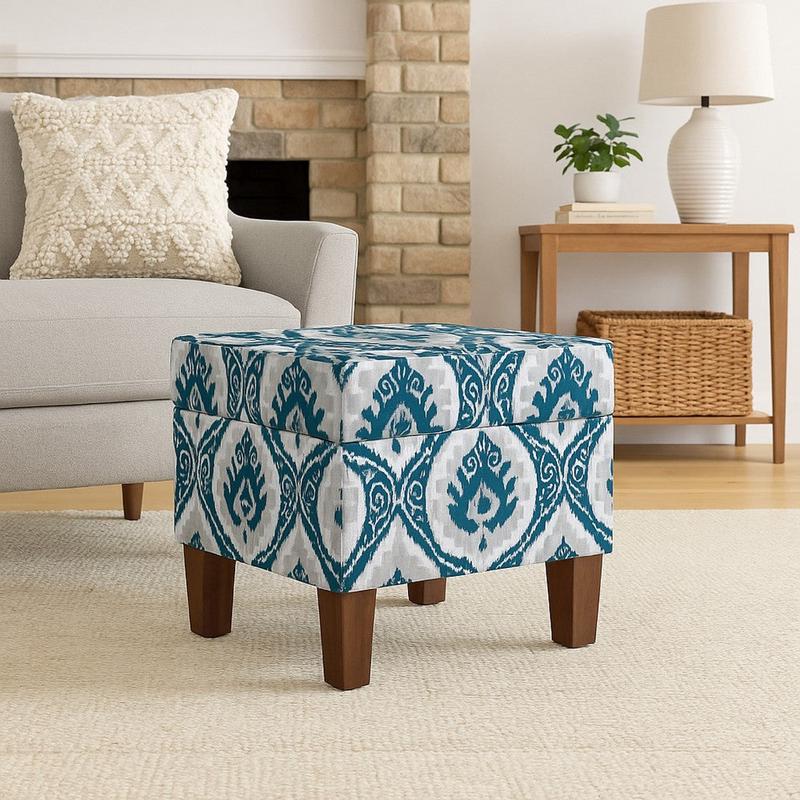 Ishi Accent Storage Ottoman | 22\" Blue White Ikat Paisley Pattern