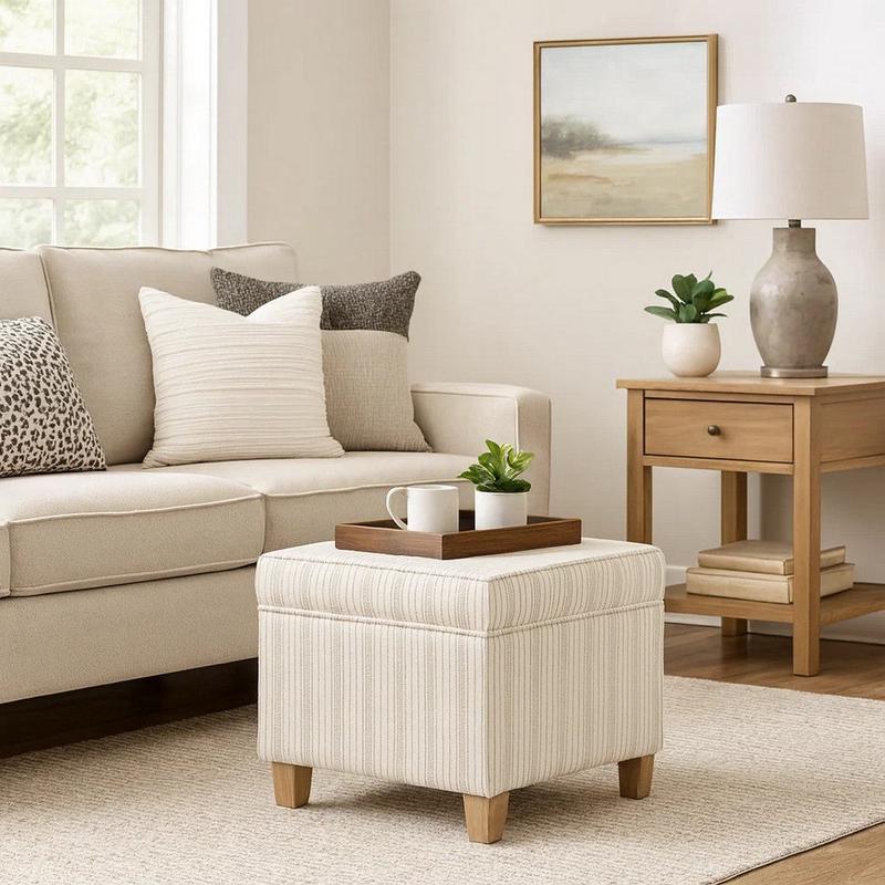 Pyp Square Storage Ottoman | 18\" Ivory Pinstripe Fabric | Brown Legs