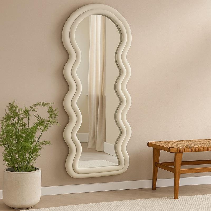 Izy Floor Mirror | 63\" | Light Beige Wavy Abstract Frame | Wood