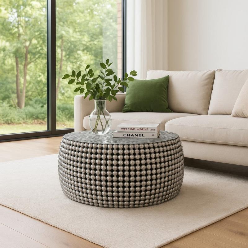 Eve 32\" Coffee Table | Silver Metallic Beads Studded Pattern | Nickel Coated Iron Frame By The Urban Port