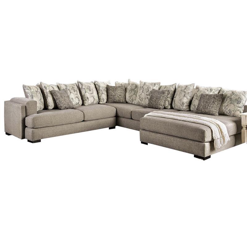 Sectional Sofa, 4 Accent Pillows, 145 Inch Gray Chenille, Solid Wood