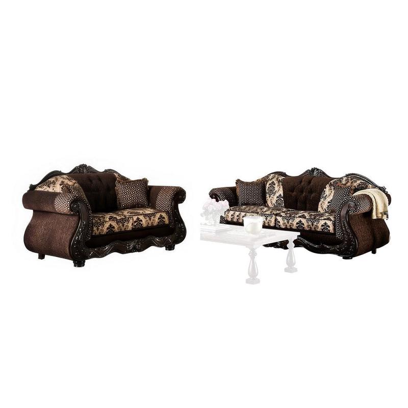Jinaa 2pc Sofa Loveseat Set, Dark Brown Chenille, 4 Accent Pillows