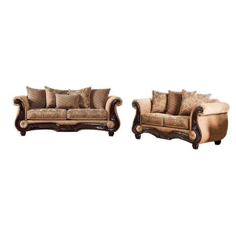 Nican 2pc Sofa Loveseat Set, Tan Gold Faux Leather, 8 Accent Pillows