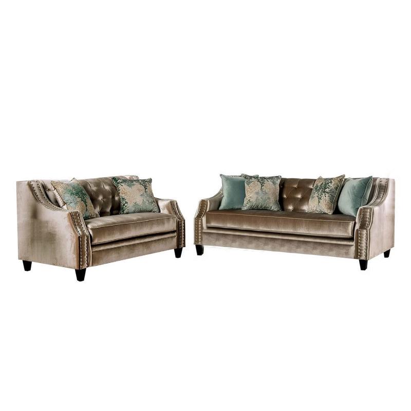 Enny Sofa and Loveseat Set, Bench Style, Champagne Turquoise Chenille