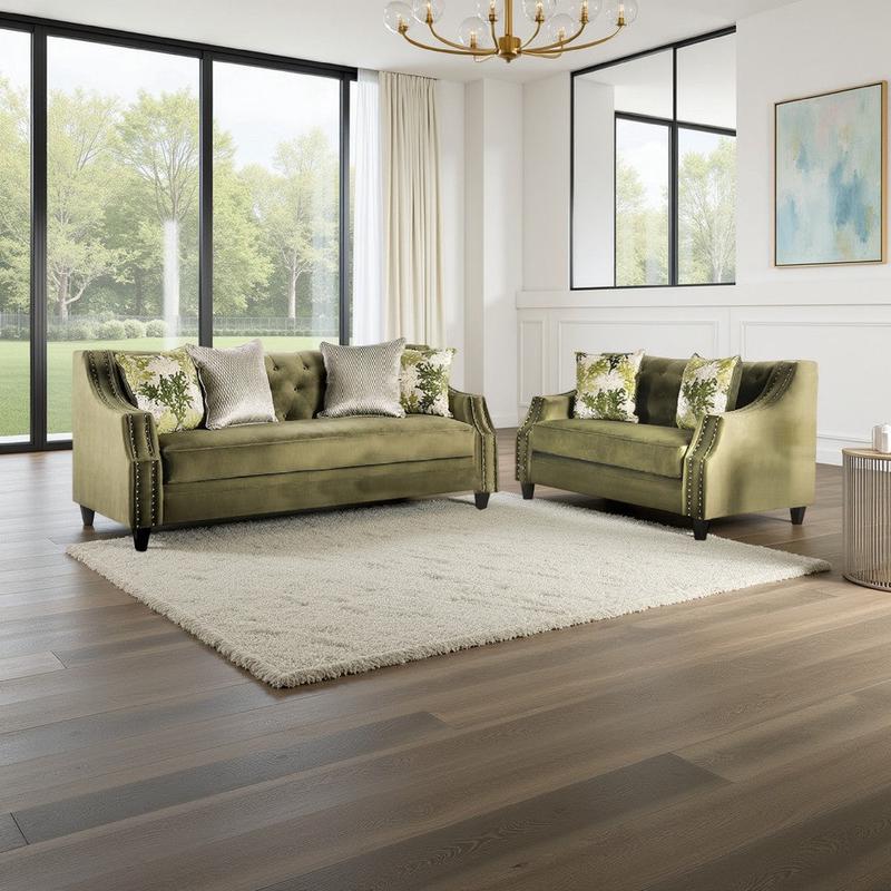 Syna Sofa and Loveseat Set, Bench Style Seat, Green Tufted Microfiber