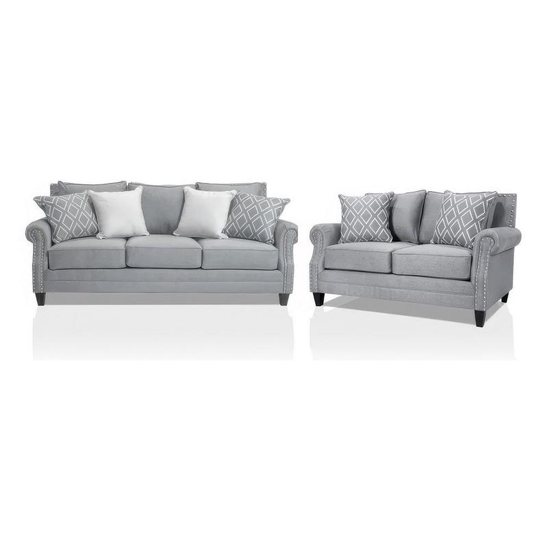Vanni Sofa and Loveseat Set, 6 Accent Throw Pillows, Gray Faux Linen