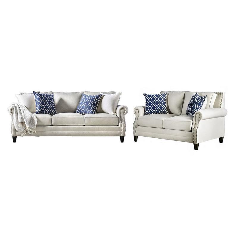 Vanni Sofa and Loveseat Set with Rolled Arms, Beige Blue Faux Linen
