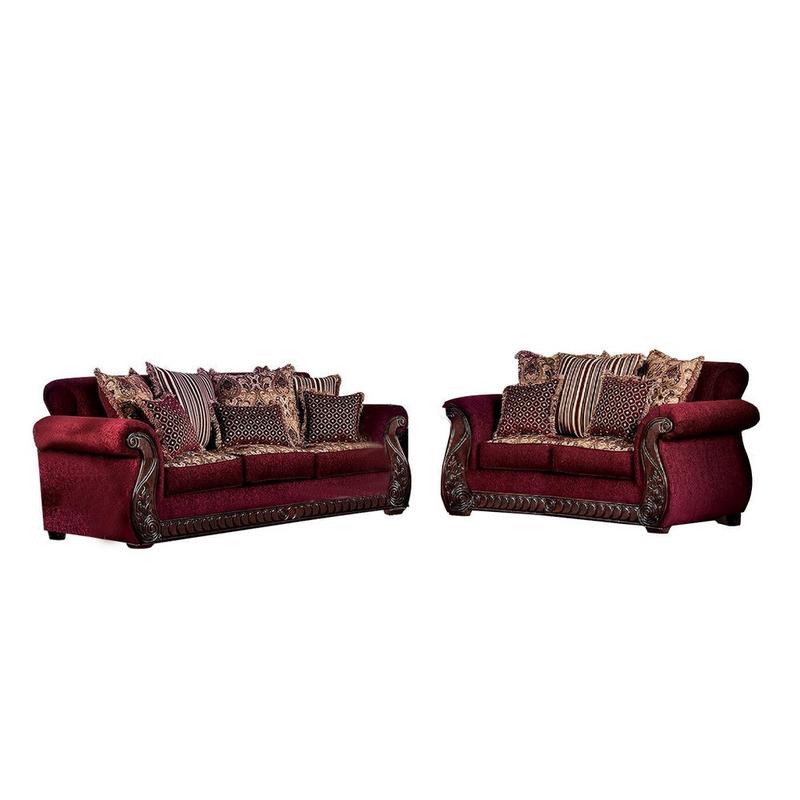 Nadira 2pc Sofa Loveseat Set, Wine Red Faux Leather, Gold, 5 Pillows