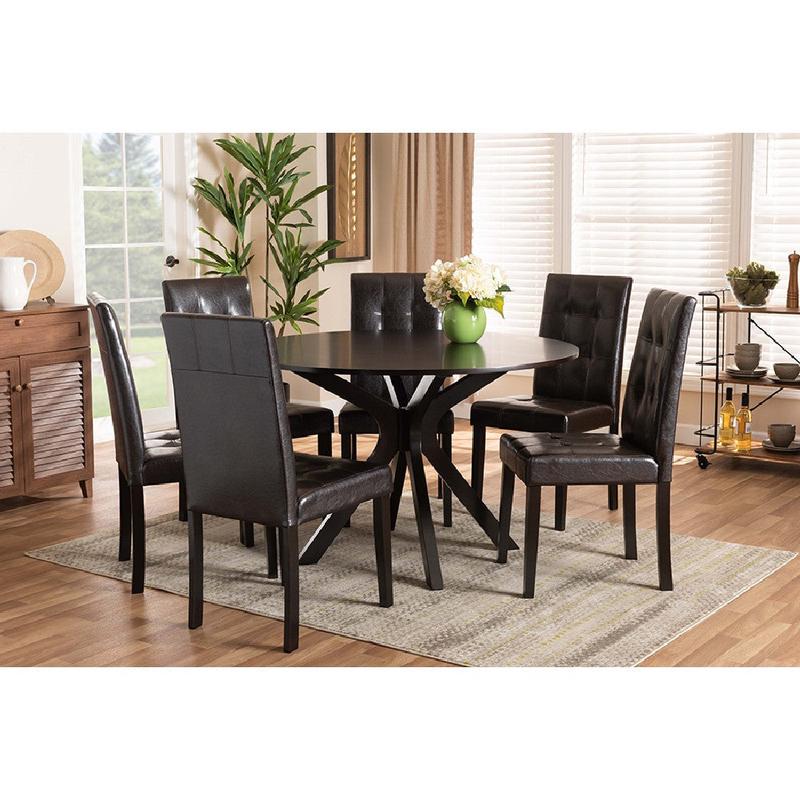 Baxton Studio Marie Modern and Contemporary Dark Brown Faux Leather Upholstered and Dark brown Finished Wood 7-Piece Dining Set