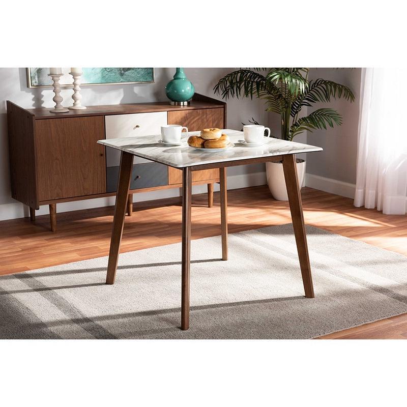 Baxton Studio Kaylee Mid-Century Modern Transitional Walnut Brown Finished Wood Dining Table with Faux Marble Tabletop