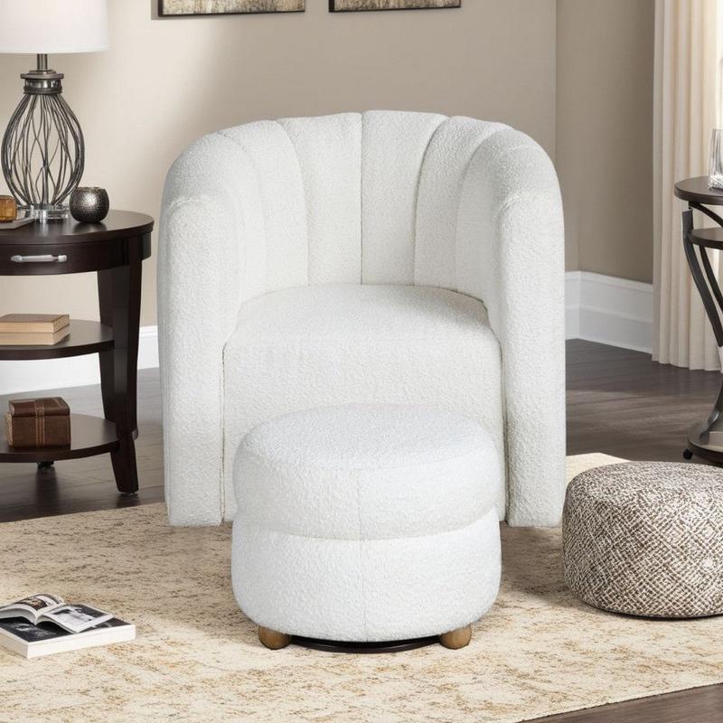 Noa Swivel Chair and Ottoman | Channel Tufted Curved Back White Boucle